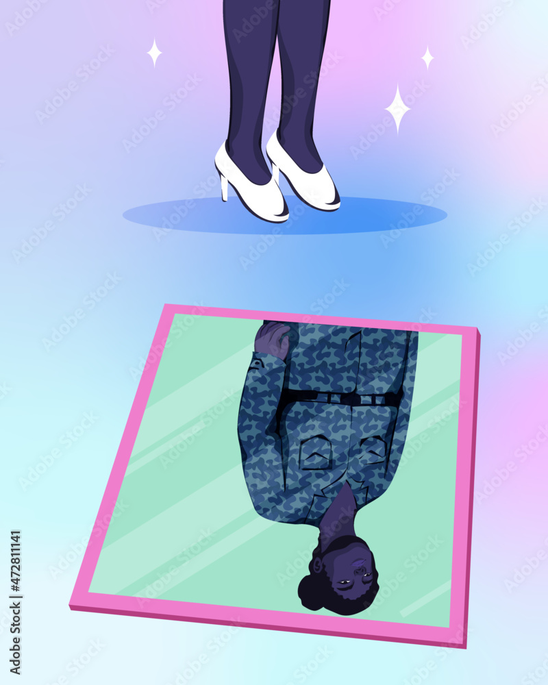 Reflection of female military soldier with work life balance concept ...