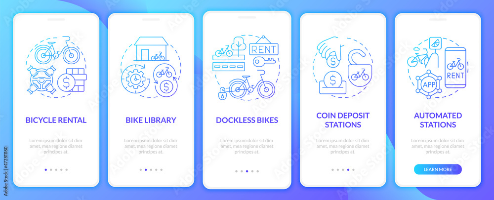 Bicycle share services onboarding mobile app page screen. Dockless bikes walkthrough 5 steps graphic instructions with concepts. UI, UX, GUI vector template with linear color illustrations