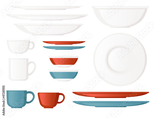 Clean kitchen dishware set with mugs plates saucers vector illustration on white background