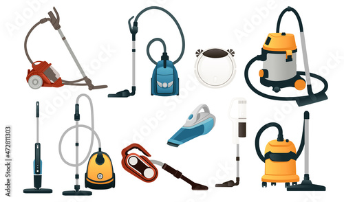 Vacuum cleaner set portable industrial home and robot vacuums vector illustration