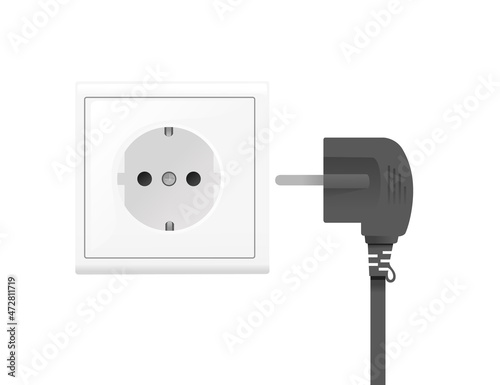 Black power plug and white wall socket european type of plug C vector illustration on white background