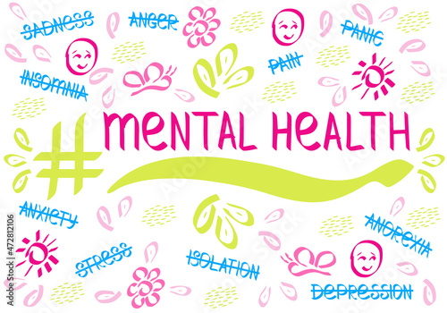 Mental health awareness concept in doodle style on white background. Medical banner for positive thinking and support people with depressive disorders or other frustration of mentality. Vector poster.