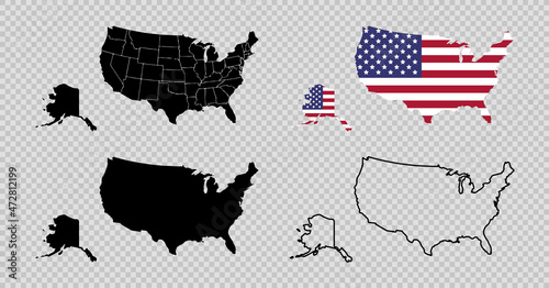 Set of USA maps. Map with flag, black map, black stroked map and map with states.