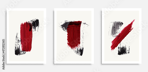 Collection of vertical minimalistic poster templates with red and black paint traces, daub, scribble or brush strokes. Modern artistic vector illustration