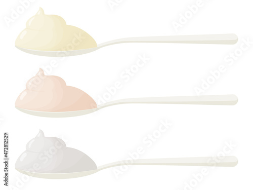 Cream spoon set. Mayonnaise sauce, yogurt, sour-cream in teaspoon or tablespoon.