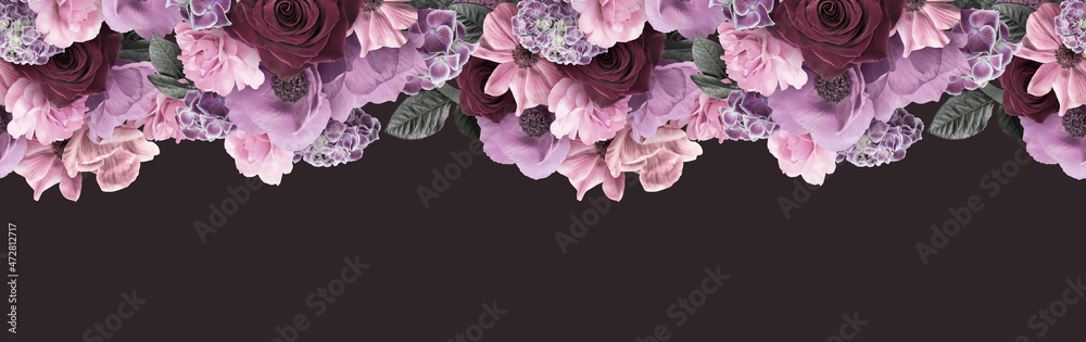 Floral banner, header with copy space. Anemones, roses and hydrangea isolated on dark background. Natural flowers wallpaper or greeting card.