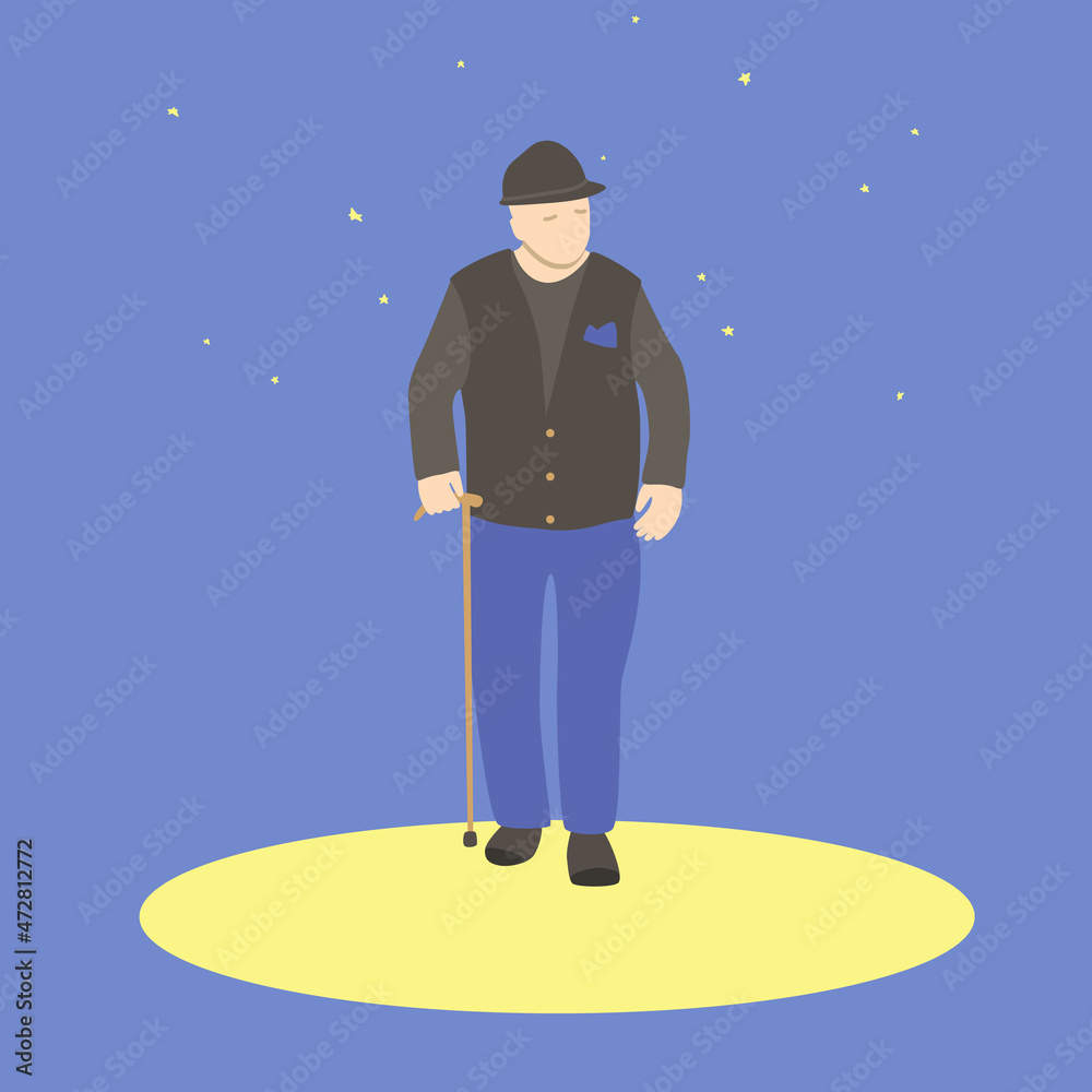 Fototapeta premium Old man with walking stick walks under the starry sky.