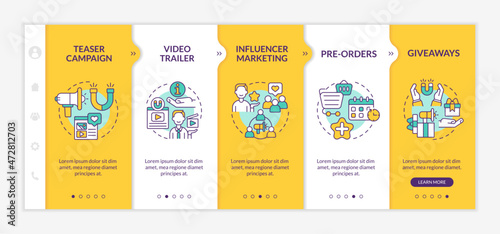 Startup promotion campaign onboarding vector template. Responsive mobile website with icons. Web page walkthrough 5 step screens. Small business color concept with linear illustrations