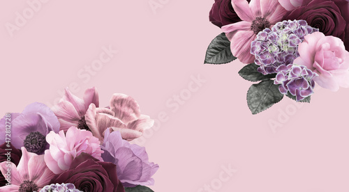 Floral banner, header with copy space. Anemones, roses and hydrangea isolated on pink background. Natural flowers wallpaper or greeting card. photo