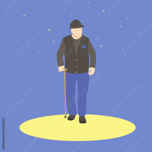 Old man with walking stick walks under the starry sky.