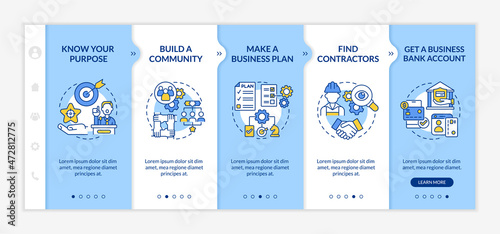 Small business launching tips onboarding vector template. Responsive mobile website with icons. Web page walkthrough 5 step screens. Startup color concept with linear illustrations