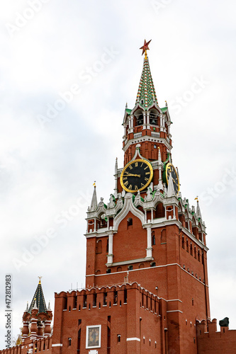 Kremlin tower against heavy gray clouds. Moscow, Russia.