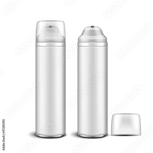shaving foam bottle vector. spray cosmetic white cream. mockup tube white aerosol blank. package product 3d realistic illustration