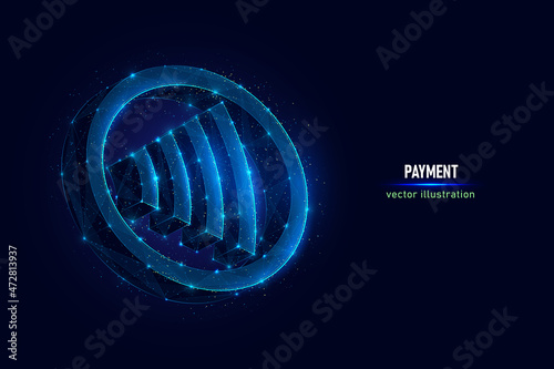 Contactless payment sign NFC technology digital wireframe made of connected dots. Symbol of near field wireless communication low poly vector illustration on blue background.