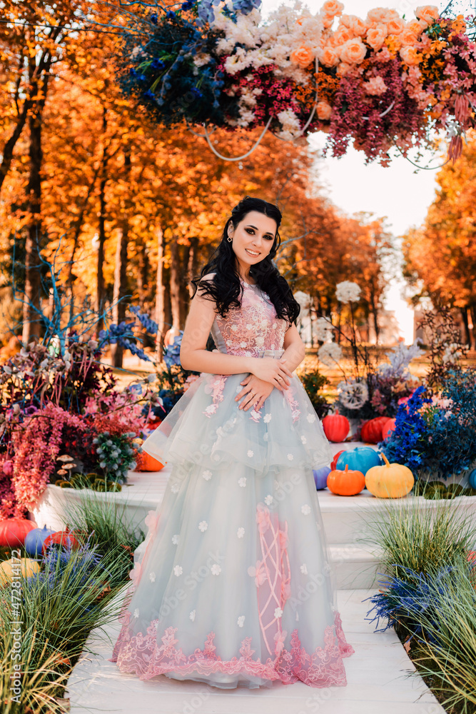 The brunette is beautiful, with beautiful makeup, in a light fluffy dress in nature, in full growth The brunette is beautiful, with beautiful makeup, in a light fluffy dress in nature, in full growth