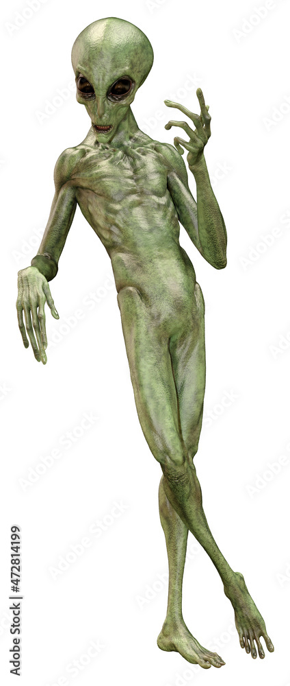 3D Rendering Green Alien on White