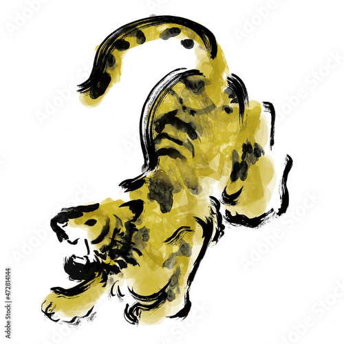 トラの全身吠えている手描き和風イラスト