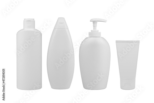 Blank unbranded plastic containers. Set of cosmetic bottles and tubes isolated on white background. Skin care products packaging mock up. 