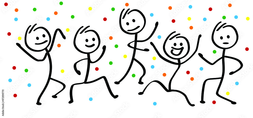 Dancing happy stickman. Funny comic dancer or walk stick figure man or  woman. Vector people, dancers party. Drawing cartoon person jump, run,  walking and dancing on music. Stock Vector | Adobe Stock