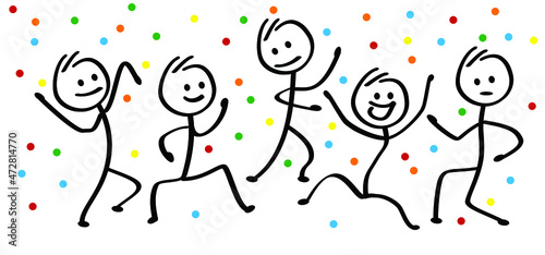 Dancing happy stickman. Funny comic dancer or walk stick figure man or woman. Vector people, dancers party. Drawing cartoon person  jump, run, walking and dancing on music.