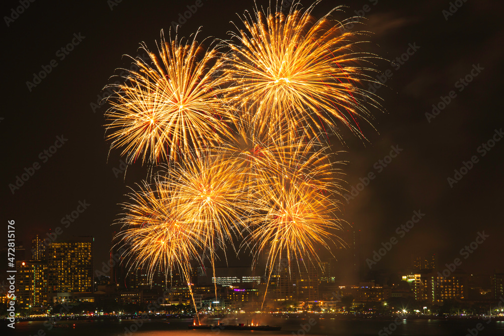 Colorful fireworks harbor and International fireworks at pattaya thailand