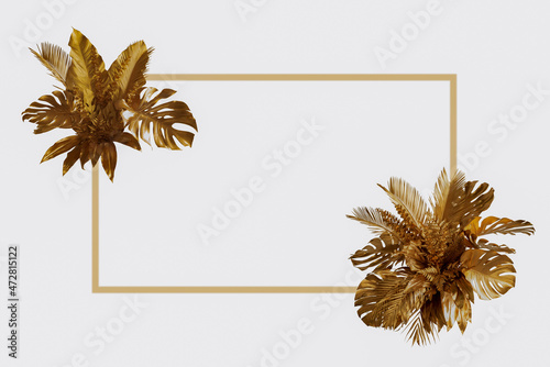 Frame with clusters of golden tropical leaves, orchids, palm leaves and montela in a boho style. isolated on a white background photo