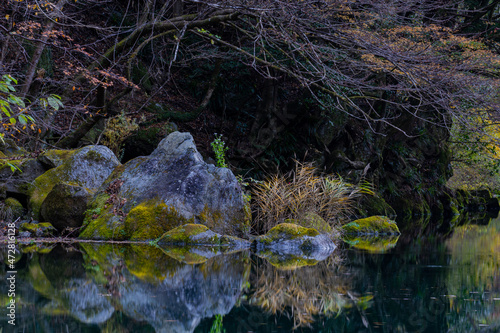 Autumn landscape beautiful colour trees over the river glowing in the sunlight. wonderful background. mountain reflection water in Japan