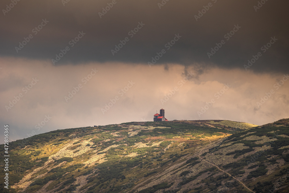 Summer views in the Karkonosze Mountains during the August sunrise. Hiking in the National Park.