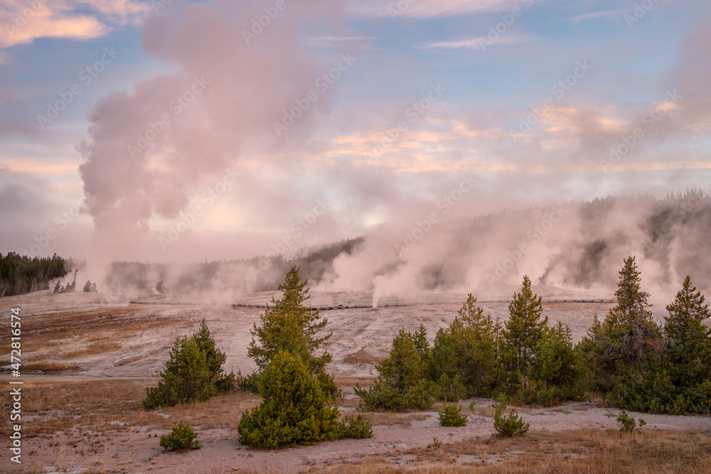 Sunrise view of Upper Geyser Basin and steaming geysers, Upper Geyser Basin, Yellowstone National Park, Montana, USA Sunrise view of Upper Geyser Basin and steaming geysers, Upper Geyser Basin, Yellowstone National Park, Montana, USA