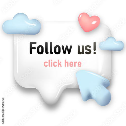 Vector illustration white follow us. Mouse Cursor Clicks the Button. Realistic 3d design. Support web icons.
