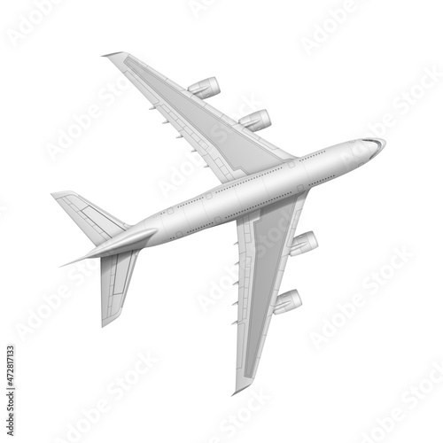 Plane aircraft flight vector. white plane fly in sky. air transport. passenger aeroplane top. 3d realistic illustration