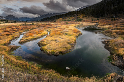 Autumn view of colorful grasses and Gallatin River, Yellowstone National Park, Montana photo