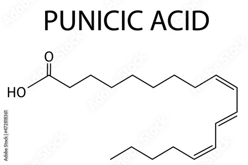 Punicic acid or trichosanic acid molecule. Fatty acid present in pomegranate, Punica granatum. Skeletal formula.