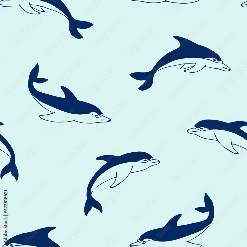 Fototapeta premium Seamless vector pattern with cute dolphins on blue background. Simple cartoon fish wallpaper design. Decorative underwater fashion textile.