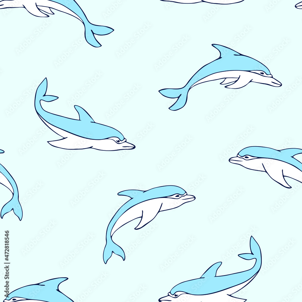 Fototapeta premium Seamless vector pattern with cartoon dolphins on light blue background. Simple underwater wallpaper design. Decorative happy fish fashion textile.