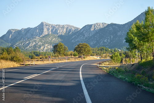 Open road! Landscape with empty road and mountains.