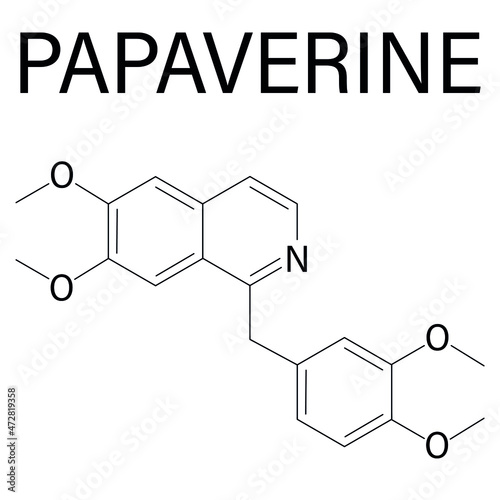 Papaverine opium alkaloid molecule. Used as antispasmodic drug. Skeletal formula.