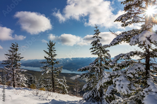 View from the top of Firefighter Mountain of Hungry Horse Reservoir in the Flathead National Forest, Montana, USA