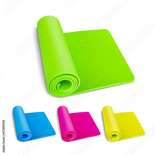 Fitness Mat For Training Yoga Exercise Set Vector. Multicolored Fitness Mat For Exercising And Bodycare In Gym. Gymnastic Mattress Accessory For Aerobic And Fit Template Realistic 3d Illustrations