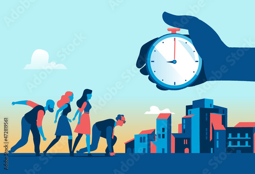 Gruppo di persone pronte per partire. Gara contro il tempo
