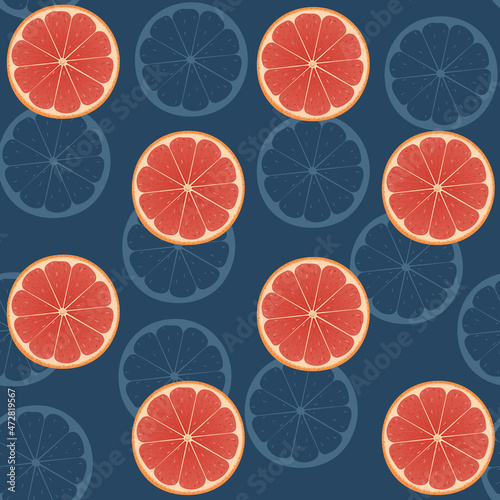 Fresh oranges background on a blue background. Colorful seamless pattern with fresh fruits collection. Decorative illustration, good for printing