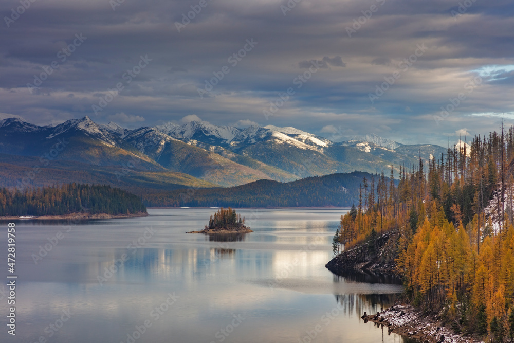 Small island in Hungry Horse Reservoir in the Flathead National Forest, Montana, USA