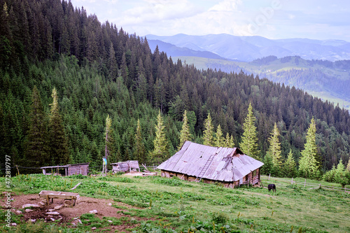 Beautiful summer mountains landscape with green pastureland view and old wooden house. Carpathians, Ukraine.