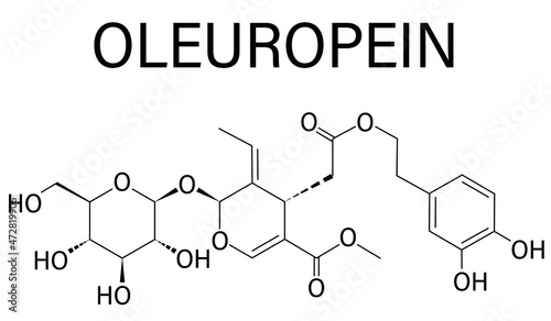 Oleuropein olive component molecule. In part responsible for pungency of virgin olive oil, may have beneficial properties. Skeletal formula.