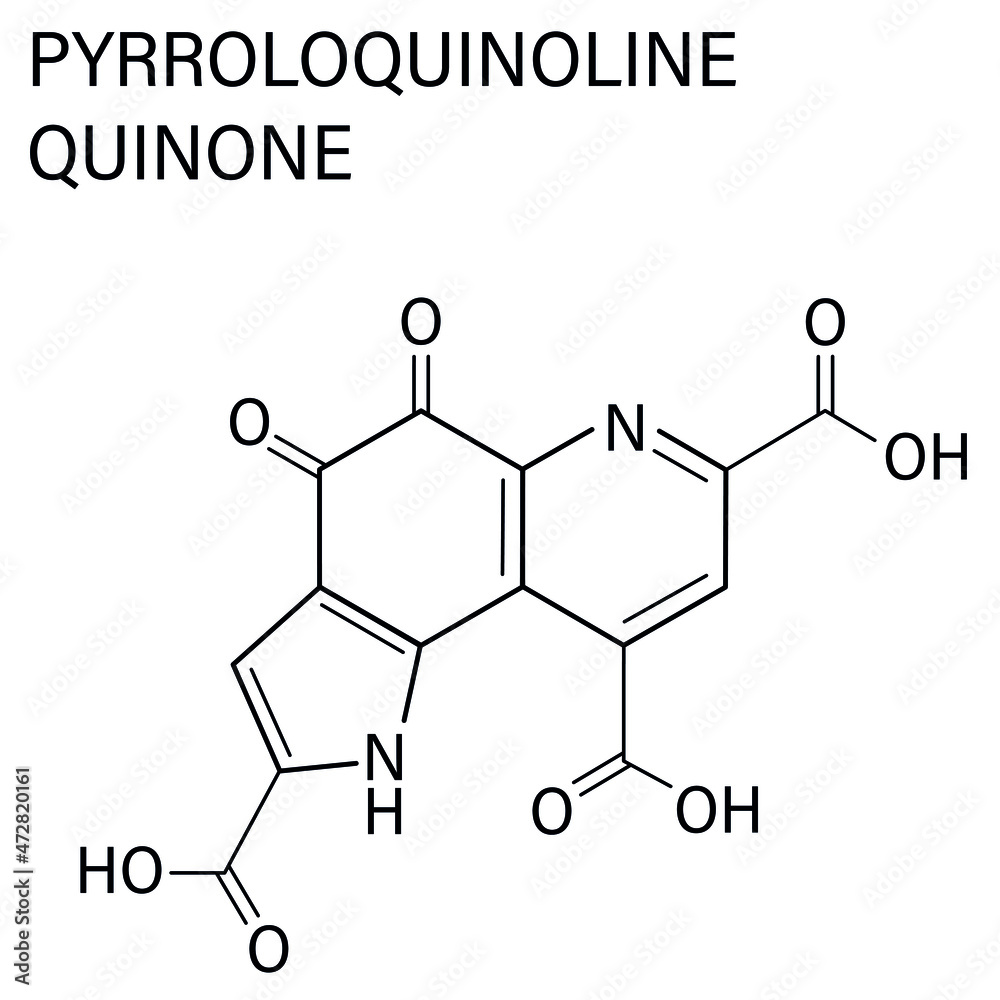Pyrroloquinoline quinone (PQQ) redox cofactor molecule. Skeletal formula. Pyrroloquinoline quinone (PQQ) redox cofactor molecule. Skeletal formula.