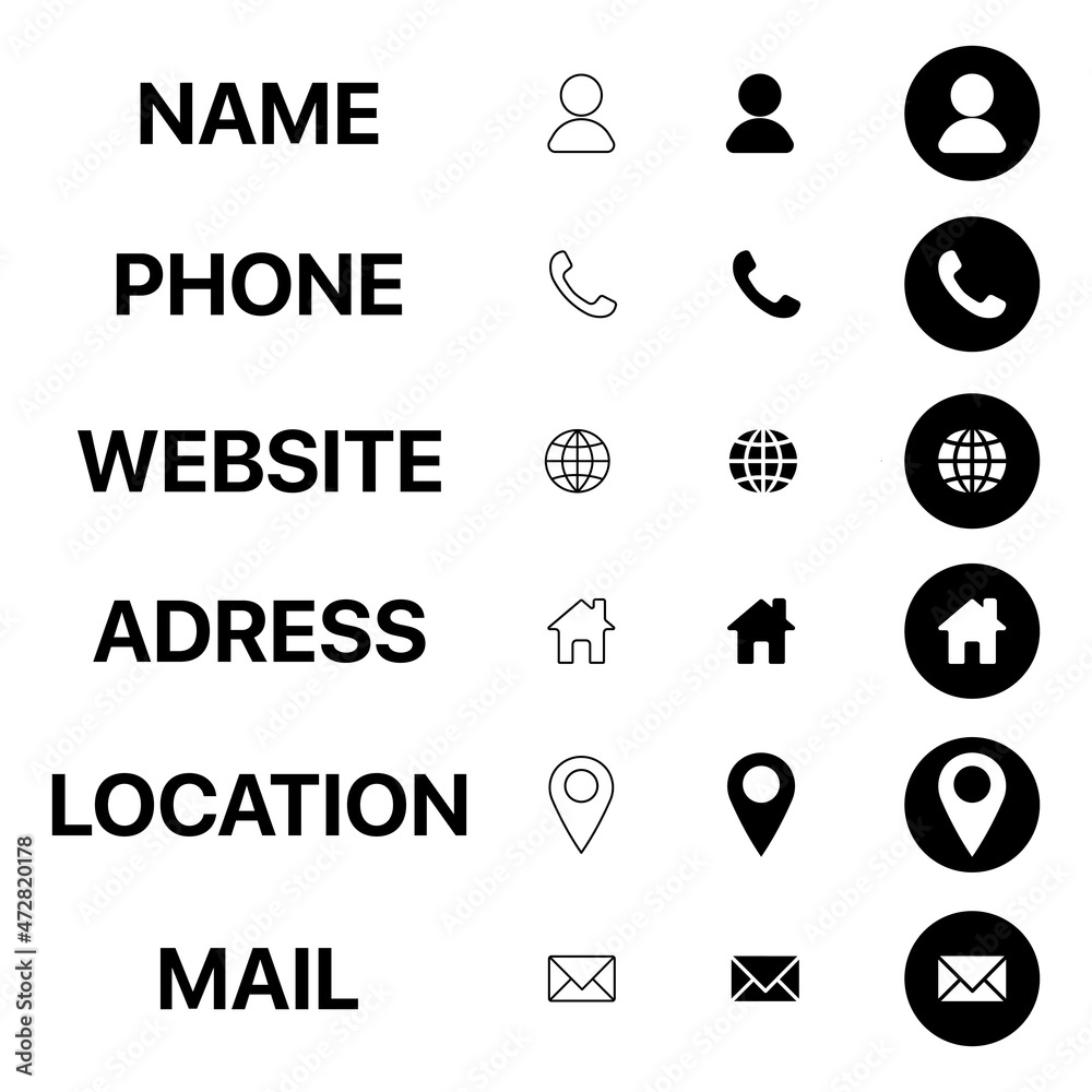 Business card black outline icons set. Name, phone, website, address, location and mail. Trendy flat symbol, sign for: illustration, logo, mobile, app, design, web, dev, ui, ux, gui. Vector EPS 10 Business card black outline icons set. Name, phone, website, address, location and mail. Trendy flat symbol, sign for: illustration, logo, mobile, app, design, web, dev, ui, ux, gui. Vector EPS 10