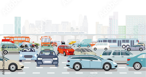 Fototapeta Naklejka Na Ścianę i Meble -  Großstadt in der rush hour in einer Straßenkreuzung im Verkehrsstau und öffentlicher verkehr illustration