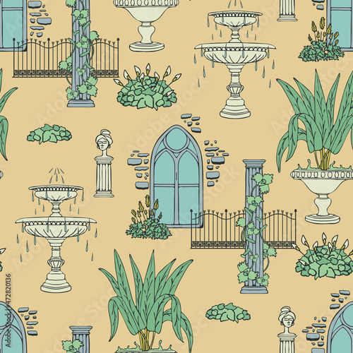 Seamless vector pattern with Victorian style greenhouse on yellow background. Romantic vintage garden wallpaper design. Decorative fountain fashion textile.