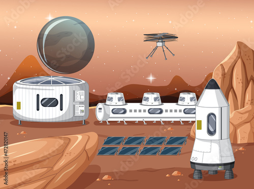 Space station on planet landscape