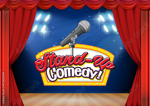 Stand up comedy banner with stage red curtain background